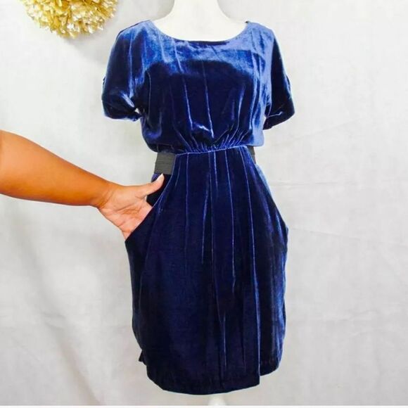 TWELFTH STREET Blue Velvet Mini Dress with POCKETS - Picture 2 of 8